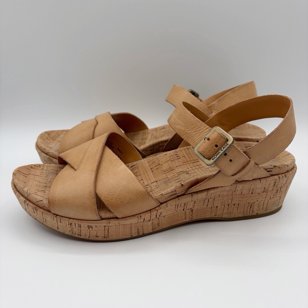 Kork-Ease Myrna 2.0 Ankle Strap Wedge Sandals Sz 8 Cork Natural Tan Leather